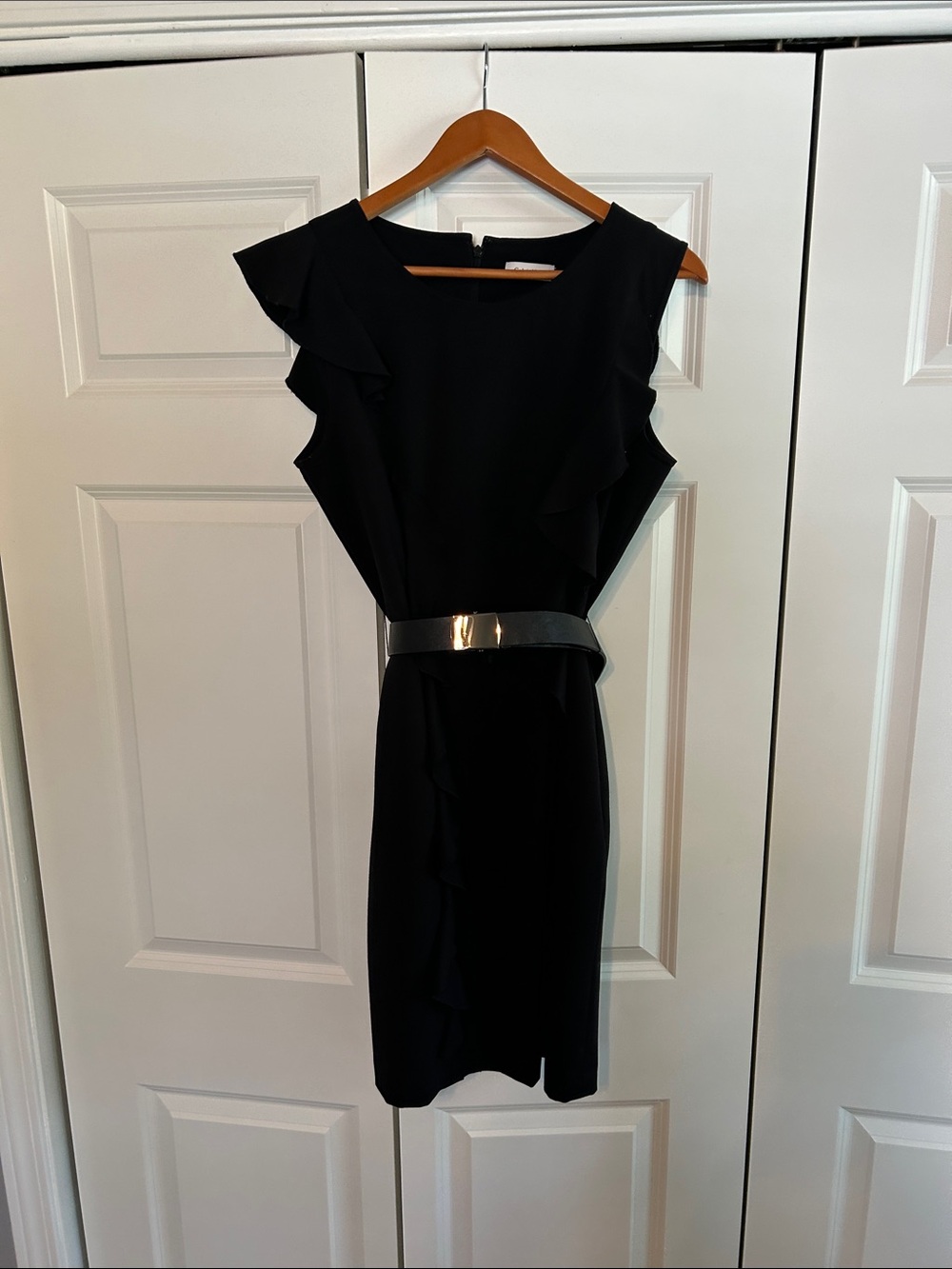 Calvin Klein Black Ruffle Sheath Dress with Gloss Belt